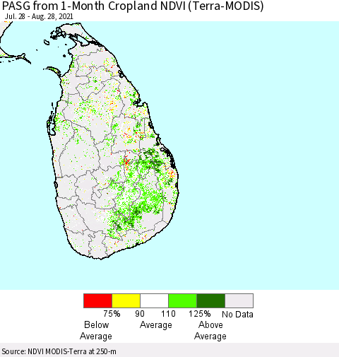 Sri Lanka PASG from 1-Month Cropland NDVI (Terra-MODIS) Thematic Map For 8/21/2021 - 8/28/2021