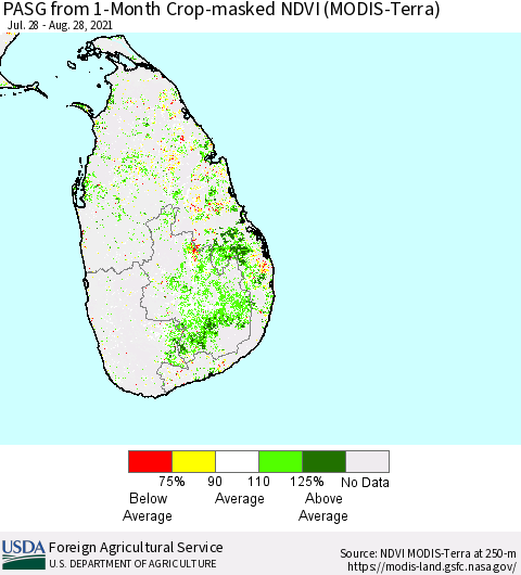 Sri Lanka PASG from 1-Month Cropland NDVI (Terra-MODIS) Thematic Map For 8/21/2021 - 8/31/2021