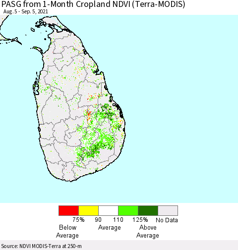 Sri Lanka PASG from 1-Month Cropland NDVI (Terra-MODIS) Thematic Map For 8/29/2021 - 9/5/2021