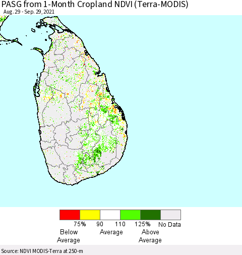 Sri Lanka PASG from 1-Month Cropland NDVI (Terra-MODIS) Thematic Map For 9/22/2021 - 9/29/2021