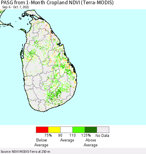 Sri Lanka PASG from 1-Month Cropland NDVI (Terra-MODIS) Thematic Map For 9/30/2021 - 10/7/2021