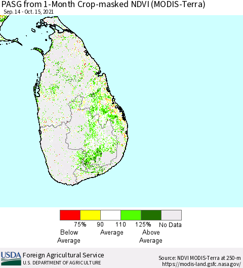 Sri Lanka PASG from 1-Month Crop-masked NDVI (MODIS-Terra) Thematic Map For 10/11/2021 - 10/20/2021