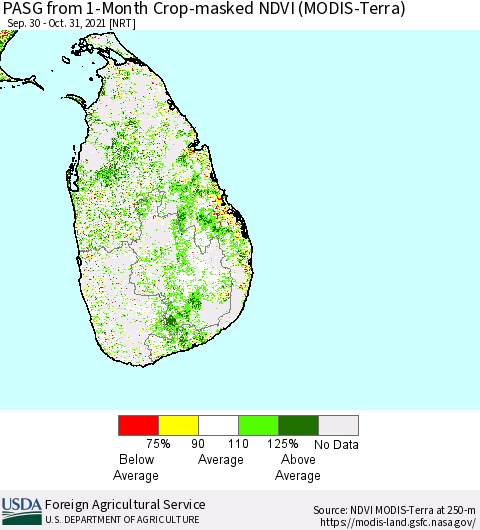 Sri Lanka PASG from 1-Month Crop-masked NDVI (MODIS-Terra) Thematic Map For 10/21/2021 - 10/31/2021