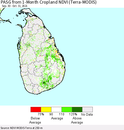 Sri Lanka PASG from 1-Month Cropland NDVI (Terra-MODIS) Thematic Map For 10/21/2021 - 10/31/2021