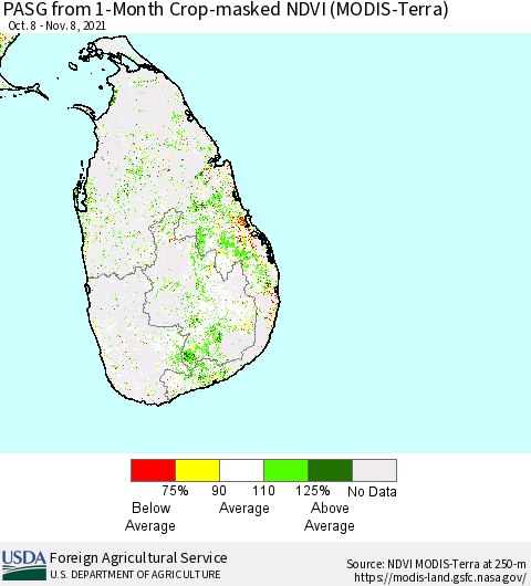 Sri Lanka PASG from 1-Month Cropland NDVI (Terra-MODIS) Thematic Map For 11/1/2021 - 11/10/2021