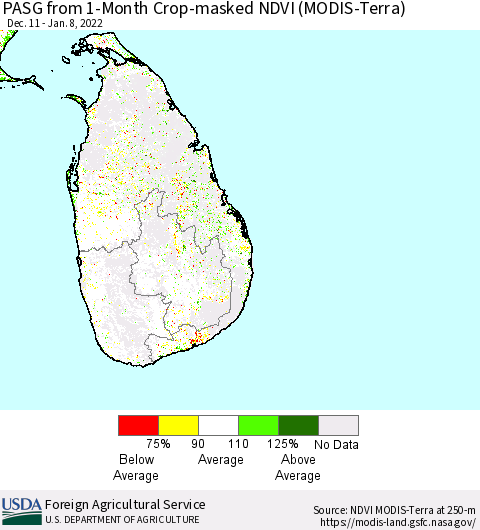 Sri Lanka PASG from 1-Month Crop-masked NDVI (MODIS-Terra) Thematic Map For 1/1/2022 - 1/10/2022
