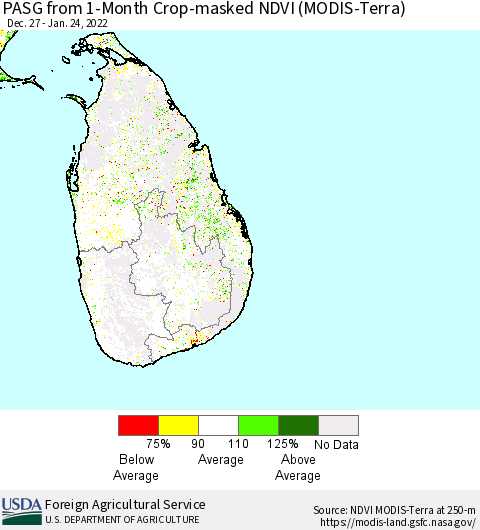 Sri Lanka PASG from 1-Month Cropland NDVI (Terra-MODIS) Thematic Map For 1/21/2022 - 1/31/2022