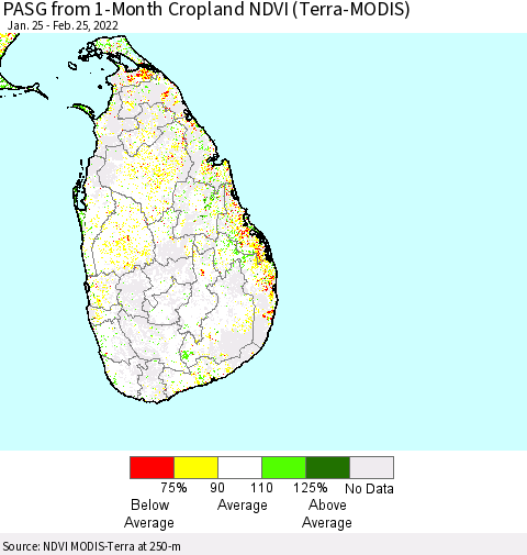Sri Lanka PASG from 1-Month Cropland NDVI (Terra-MODIS) Thematic Map For 2/18/2022 - 2/25/2022