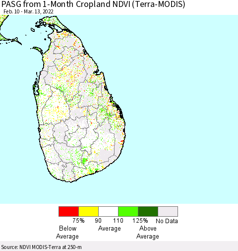 Sri Lanka PASG from 1-Month Cropland NDVI (Terra-MODIS) Thematic Map For 3/6/2022 - 3/13/2022