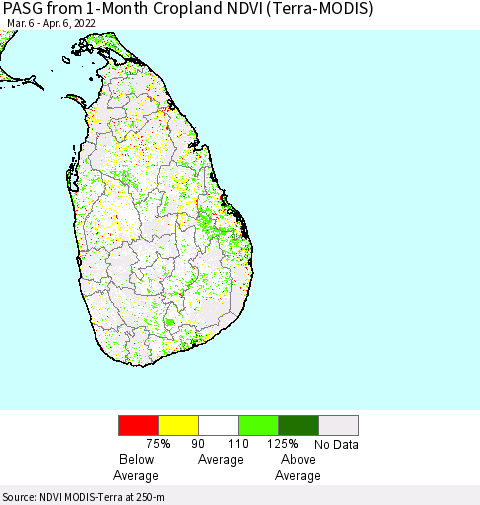 Sri Lanka PASG from 1-Month Cropland NDVI (Terra-MODIS) Thematic Map For 3/30/2022 - 4/6/2022