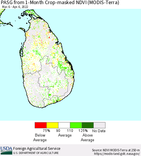 Sri Lanka PASG from 1-Month Cropland NDVI (Terra-MODIS) Thematic Map For 4/1/2022 - 4/10/2022