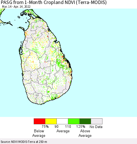 Sri Lanka PASG from 1-Month Cropland NDVI (Terra-MODIS) Thematic Map For 4/7/2022 - 4/14/2022