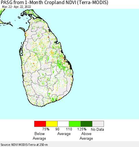 Sri Lanka PASG from 1-Month Cropland NDVI (Terra-MODIS) Thematic Map For 4/15/2022 - 4/22/2022