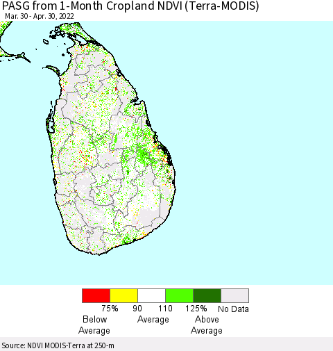 Sri Lanka PASG from 1-Month Cropland NDVI (Terra-MODIS) Thematic Map For 4/23/2022 - 4/30/2022