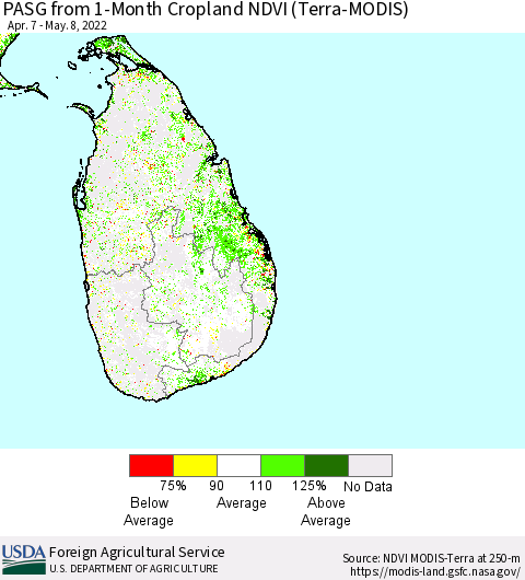 Sri Lanka PASG from 1-Month Cropland NDVI (Terra-MODIS) Thematic Map For 5/1/2022 - 5/10/2022