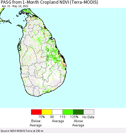 Sri Lanka PASG from 1-Month Cropland NDVI (Terra-MODIS) Thematic Map For 5/9/2022 - 5/16/2022