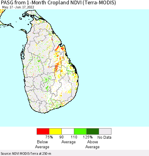 Sri Lanka PASG from 1-Month Cropland NDVI (Terra-MODIS) Thematic Map For 6/10/2022 - 6/17/2022