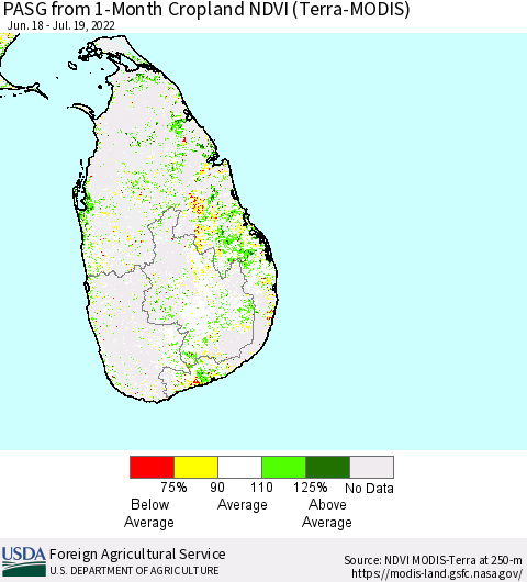 Sri Lanka PASG from 1-Month Cropland NDVI (Terra-MODIS) Thematic Map For 7/11/2022 - 7/20/2022
