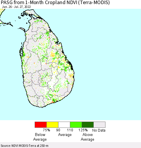 Sri Lanka PASG from 1-Month Cropland NDVI (Terra-MODIS) Thematic Map For 7/20/2022 - 7/27/2022