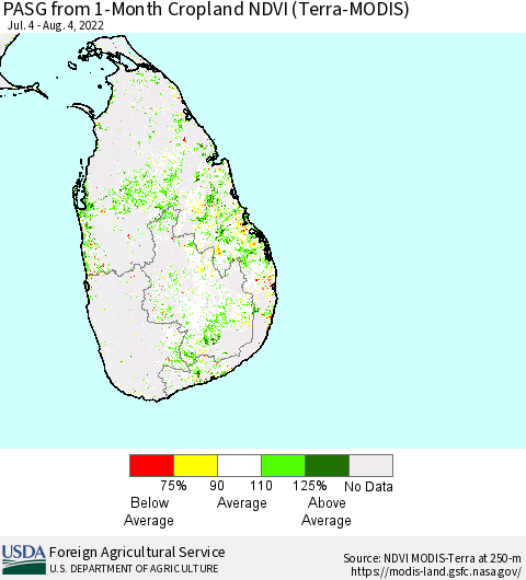 Sri Lanka PASG from 1-Month Cropland NDVI (Terra-MODIS) Thematic Map For 8/1/2022 - 8/10/2022