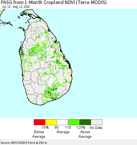 Sri Lanka PASG from 1-Month Cropland NDVI (Terra-MODIS) Thematic Map For 8/5/2022 - 8/12/2022