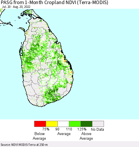 Sri Lanka PASG from 1-Month Cropland NDVI (Terra-MODIS) Thematic Map For 8/11/2022 - 8/20/2022