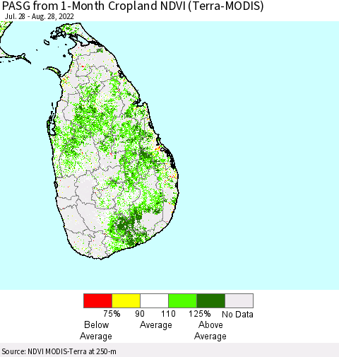 Sri Lanka PASG from 1-Month Cropland NDVI (Terra-MODIS) Thematic Map For 8/21/2022 - 8/28/2022
