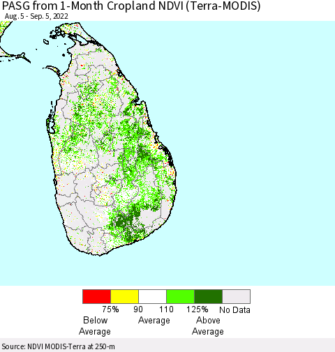 Sri Lanka PASG from 1-Month Cropland NDVI (Terra-MODIS) Thematic Map For 8/29/2022 - 9/5/2022