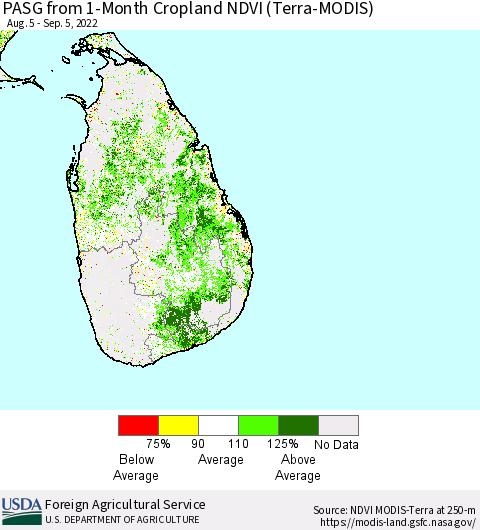 Sri Lanka PASG from 1-Month Cropland NDVI (Terra-MODIS) Thematic Map For 9/1/2022 - 9/10/2022
