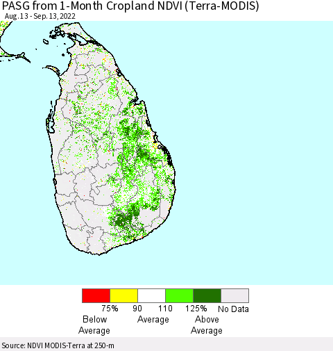 Sri Lanka PASG from 1-Month Cropland NDVI (Terra-MODIS) Thematic Map For 9/6/2022 - 9/13/2022