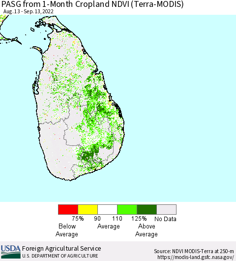 Sri Lanka PASG from 1-Month Cropland NDVI (Terra-MODIS) Thematic Map For 9/11/2022 - 9/20/2022