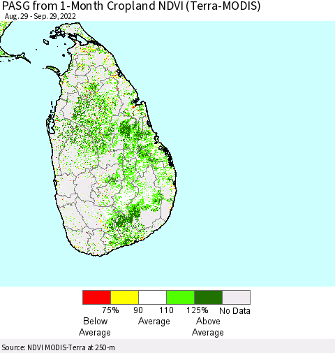 Sri Lanka PASG from 1-Month Cropland NDVI (Terra-MODIS) Thematic Map For 9/22/2022 - 9/29/2022