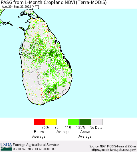 Sri Lanka PASG from 1-Month Cropland NDVI (Terra-MODIS) Thematic Map For 9/21/2022 - 9/30/2022