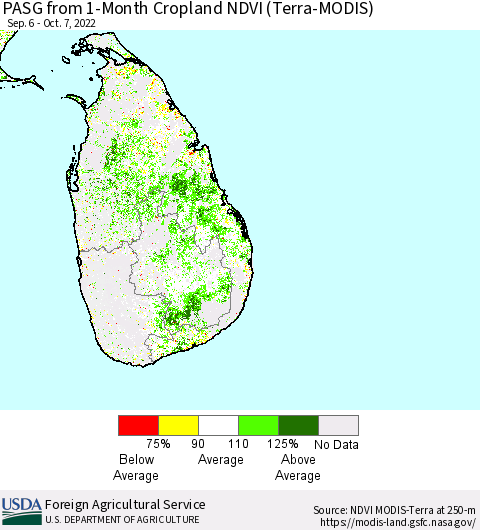 Sri Lanka PASG from 1-Month Cropland NDVI (Terra-MODIS) Thematic Map For 10/1/2022 - 10/10/2022