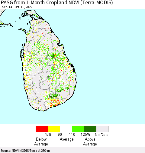 Sri Lanka PASG from 1-Month Cropland NDVI (Terra-MODIS) Thematic Map For 10/8/2022 - 10/15/2022