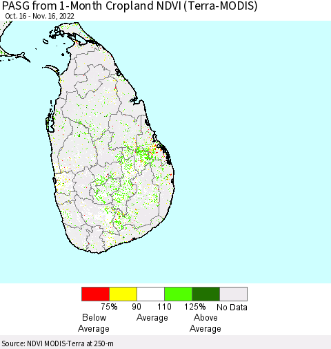 Sri Lanka PASG from 1-Month Cropland NDVI (Terra-MODIS) Thematic Map For 11/9/2022 - 11/16/2022