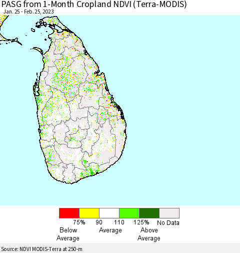 Sri Lanka PASG from 1-Month Cropland NDVI (Terra-MODIS) Thematic Map For 2/18/2023 - 2/25/2023