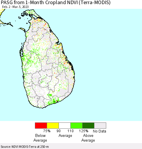 Sri Lanka PASG from 1-Month Cropland NDVI (Terra-MODIS) Thematic Map For 2/26/2023 - 3/5/2023