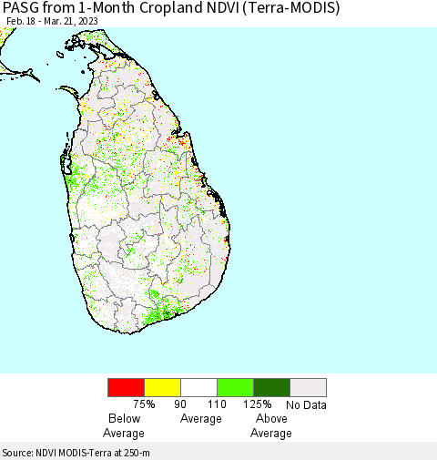 Sri Lanka PASG from 1-Month Cropland NDVI (Terra-MODIS) Thematic Map For 3/14/2023 - 3/21/2023