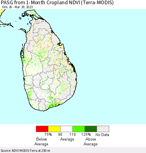 Sri Lanka PASG from 1-Month Cropland NDVI (Terra-MODIS) Thematic Map For 3/22/2023 - 3/29/2023