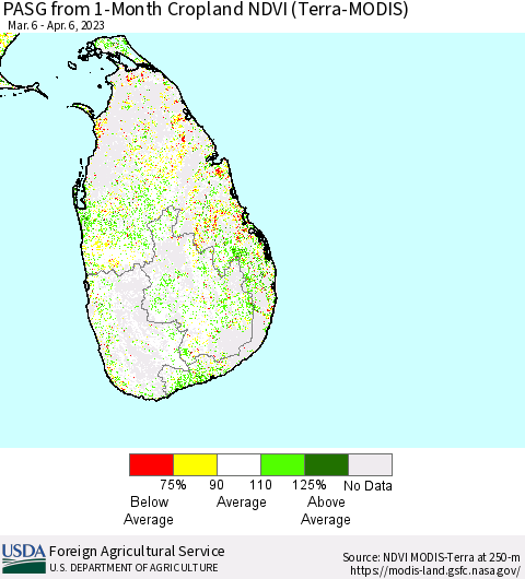 Sri Lanka PASG from 1-Month Cropland NDVI (Terra-MODIS) Thematic Map For 4/1/2023 - 4/10/2023