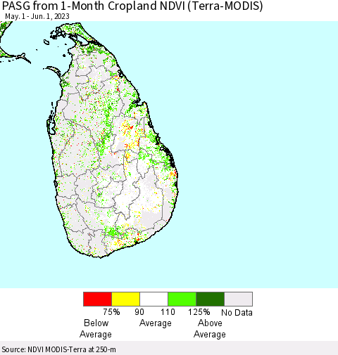 Sri Lanka PASG from 1-Month Cropland NDVI (Terra-MODIS) Thematic Map For 5/25/2023 - 6/1/2023