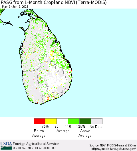 Sri Lanka PASG from 1-Month Cropland NDVI (Terra-MODIS) Thematic Map For 6/1/2023 - 6/10/2023