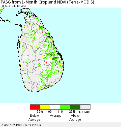 Sri Lanka PASG from 1-Month Cropland NDVI (Terra-MODIS) Thematic Map For 7/12/2023 - 7/19/2023