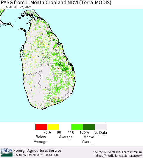 Sri Lanka PASG from 1-Month Cropland NDVI (Terra-MODIS) Thematic Map For 7/21/2023 - 7/31/2023