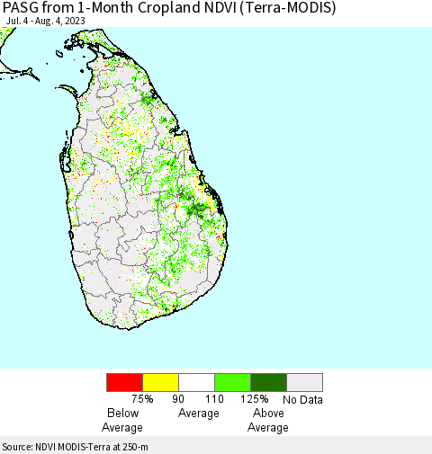 Sri Lanka PASG from 1-Month Cropland NDVI (Terra-MODIS) Thematic Map For 7/28/2023 - 8/4/2023