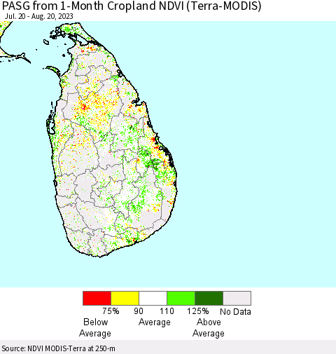 Sri Lanka PASG from 1-Month Cropland NDVI (Terra-MODIS) Thematic Map For 8/11/2023 - 8/20/2023
