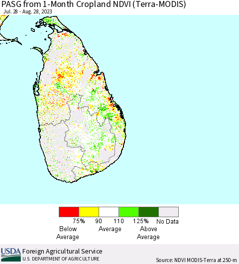Sri Lanka PASG from 1-Month Cropland NDVI (Terra-MODIS) Thematic Map For 8/21/2023 - 8/31/2023