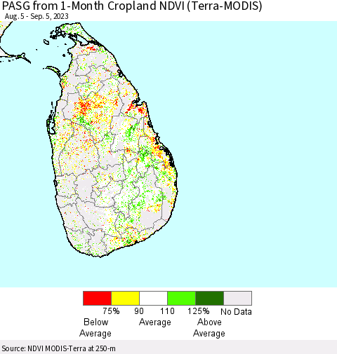 Sri Lanka PASG from 1-Month Cropland NDVI (Terra-MODIS) Thematic Map For 8/29/2023 - 9/5/2023