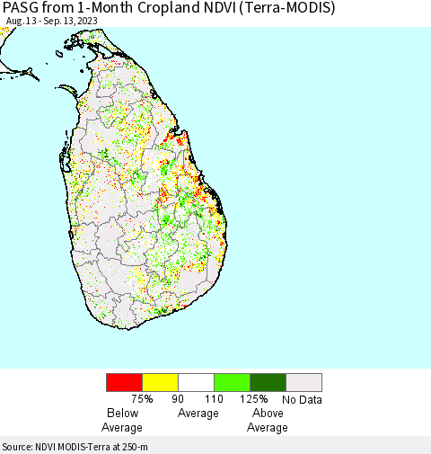Sri Lanka PASG from 1-Month Cropland NDVI (Terra-MODIS) Thematic Map For 9/6/2023 - 9/13/2023